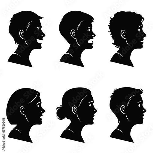 Diverse human face silhouettes expressing emotions faces profile