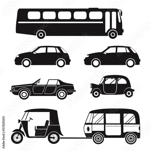 Diverse vehicle collection black silhouettes auto rickshaw vintage car