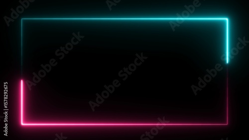 Neon rectangle frame icon illustration on black background. rectangular frame made of two moving neon lights overlay.