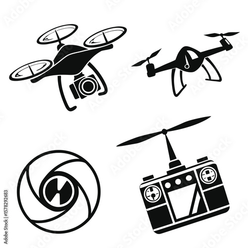 Drone and camera lens icons quadcopter remote control