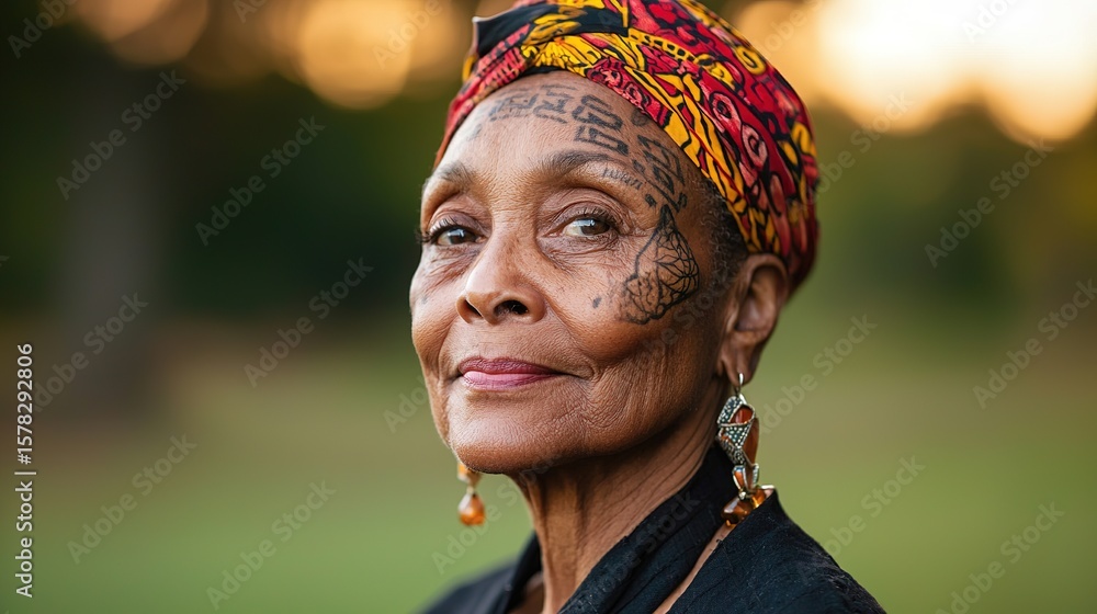 Fototapeta premium Yaka elderly woman with facial tattoos outdoor portrait cultural heritage natural setting close-up view of tradition