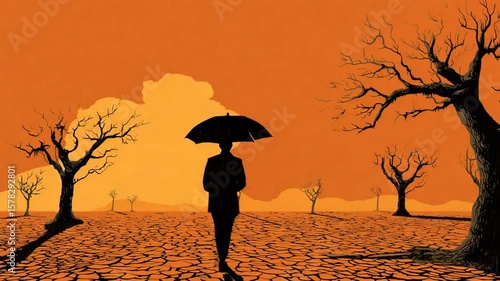 Wallpaper Mural A person holding an umbrella under an intense heatwave, cracked ground and dying trees Torontodigital.ca