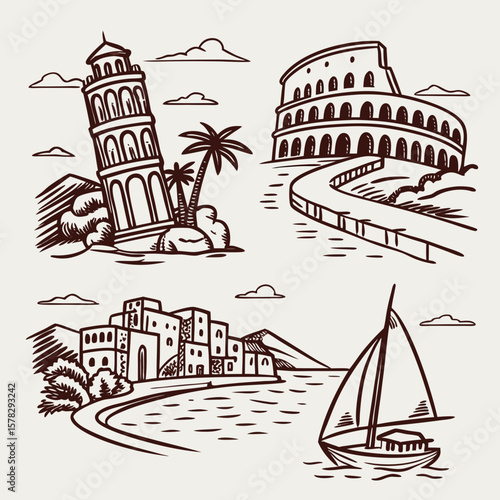 Italian or greek style vacation hand drawn vector illustrations in grunge chalk or charcoal rough doodle sketch style. Summer vacation elements in ink simple style drawings for poster, placard print. 