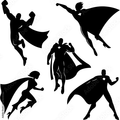 Five black superhero silhouettes in dynamic flight poses flying power