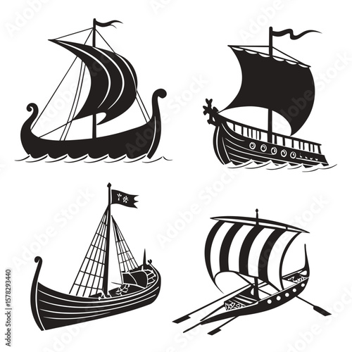 Four ancient black ship silhouettes on white ancient ships boats