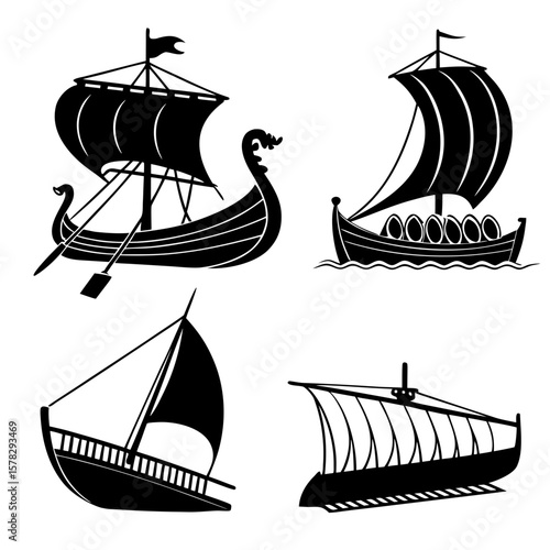 Four Ancient Ship Silhouettes on White Background ancient ships boat silhouettes