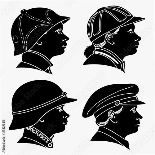 Four black silhouette profiles of people wearing different hats headwear