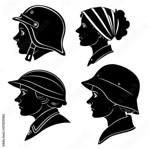 Four Black Silhouettes of Heads Wearing Different Headwear helmet