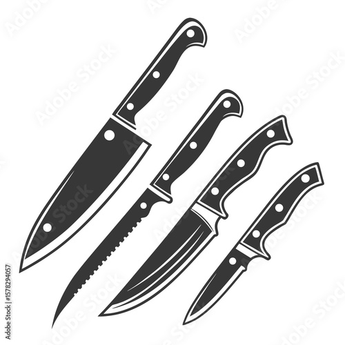 Four dark kitchen knives of varying sizes and blade types cutlery cooking