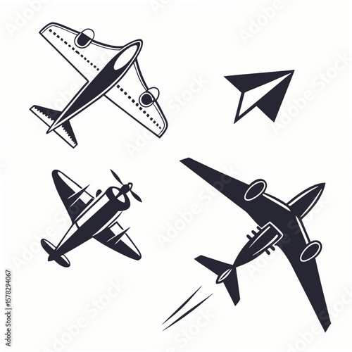 Four dark silhouette airplanes in various flight positions aircraft aviation