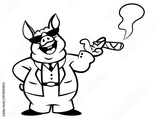 Big Piggy Cartoon characters wearing formal suit and sunglasses, smoking cigar like a Boss. Best for outline, logo, and coloring book with business themes