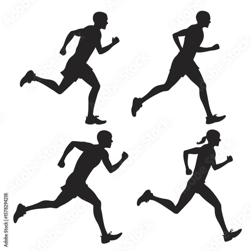 Four runners in motion black silhouettes running athletes
