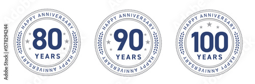 70周年・80周年・90周年・100周年のフラットな記念メダルロゴセット（円形 YEARS 長寿 ベクター）

