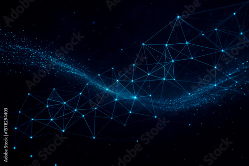 Futuristic Data Flow Visualization Background with Particles and Glowing Triangles on a Dark Digital Network Theme