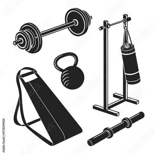 Gym equipment silhouettes barbell kettlebell punching bag workout fitness