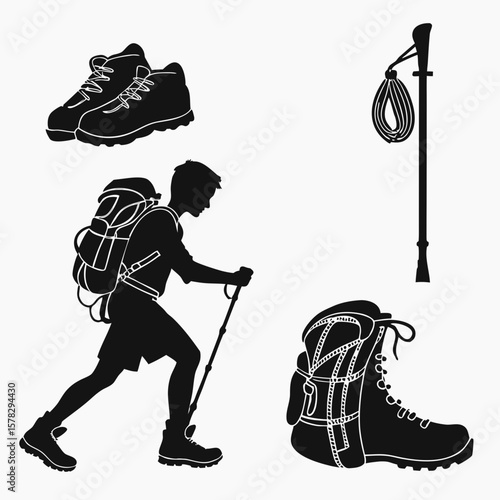 Hiker with backpack and boots hiking trekking