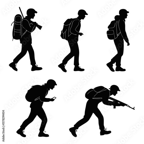 Hikers trekkers soldiers with backpacks and weapons silhouette people