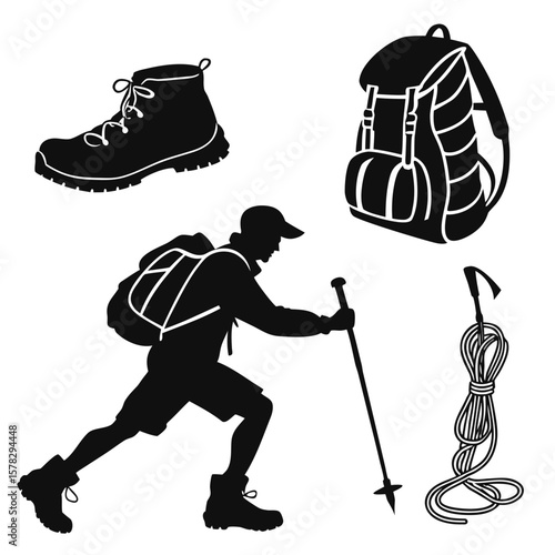 Hiking gear silhouettes backpack boots person with poles rope trekking mountaineering
