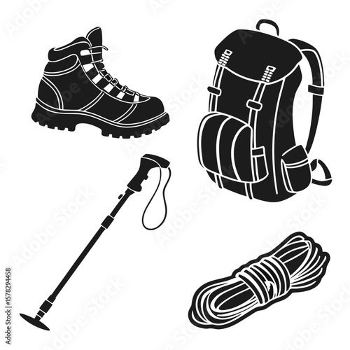 Hiking boot backpack trekking pole coiled rope camping outdoor