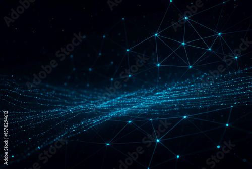 Futuristic Data Flow Visualization Background with Particles and Glowing Triangles on a Dark Digital Network Theme
