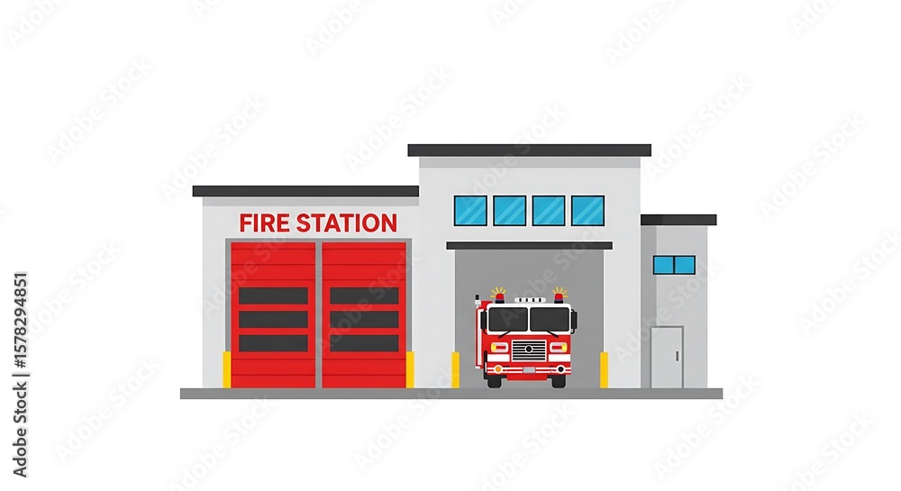 Naklejka premium Fire Station with Truck Illustration, Fire Department Building with Fire Engine