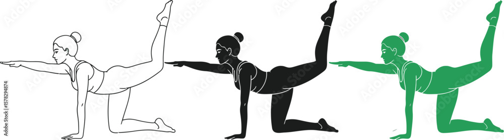 Fototapeta premium Three illustrations of a woman in a yoga pose with raised leg and arm