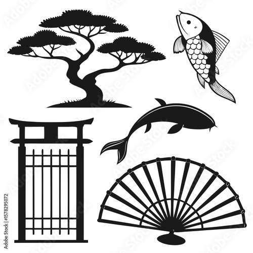 Japanese ink style silhouettes of bonsai torii gate koi fish and fan tree