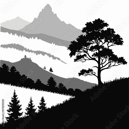 Majestic mountain range and solitary tree silhouette hilltop pine trees