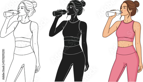Illustrations of woman in sportswear drinking water in different styles