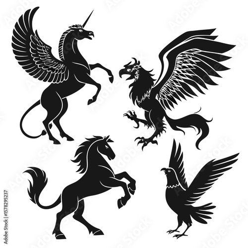 Majestic mythical creatures black silhouettes on white unicorn griffin