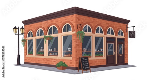 Charming Brick Cafe Building with Arched Windows and Hanging Plants, A Quaint Corner Cafe Building with a Menu Board and Coffee Sign