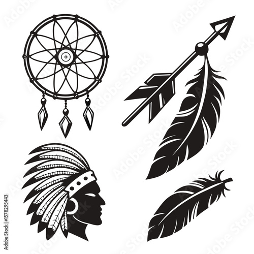 Native American cultural symbols dreamcatcher headdress arrow feathers vector