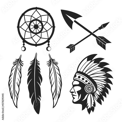 Native American cultural symbols dreamcatcher arrows feathers headdress vector