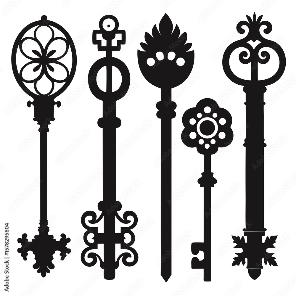 Fototapeta premium Ornate antique key silhouettes decorative vintage designs antique keys ornate keys