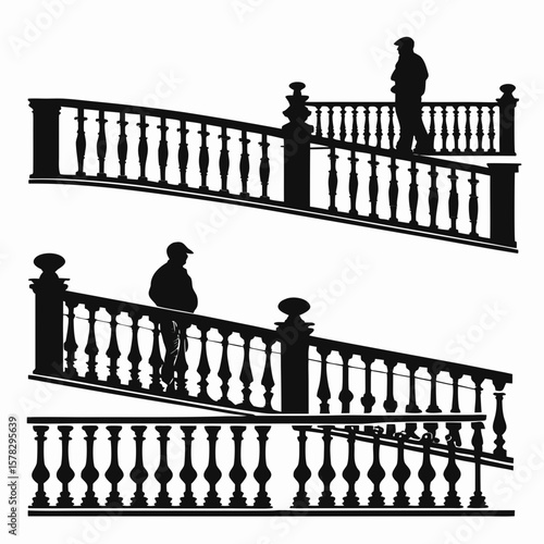 Ornate balustrade silhouettes with figures ascending stairs railing staircase