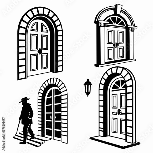 Ornate doorways and a figure with a cane portal arch