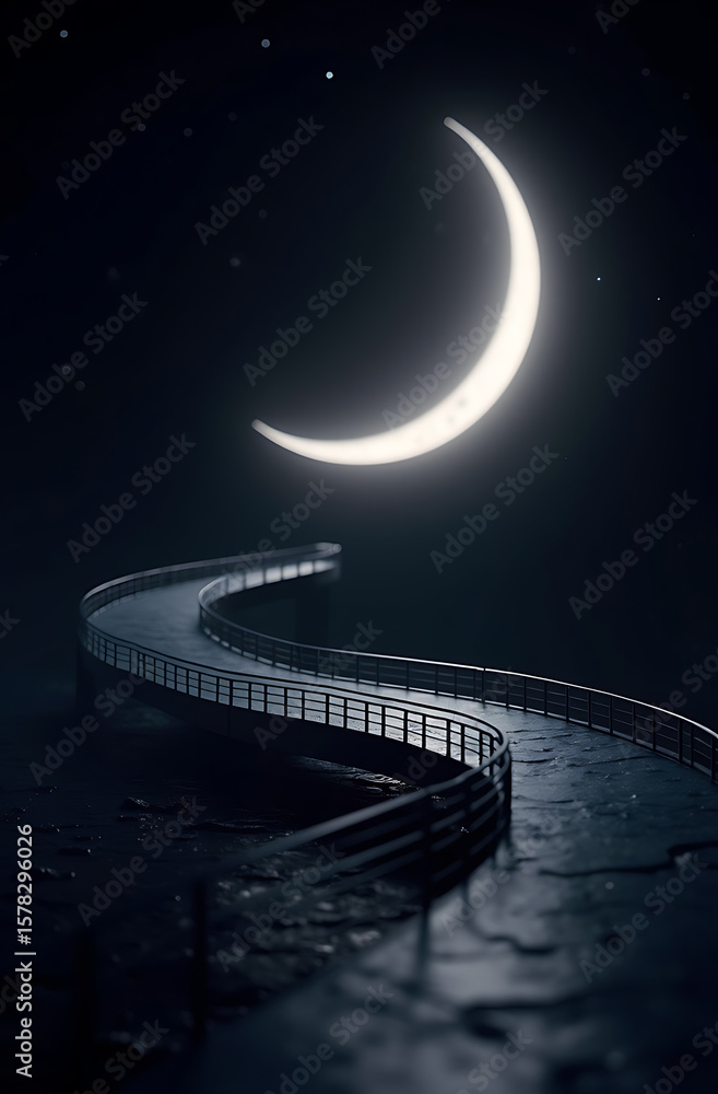 Naklejka premium Serene crescent moon illuminates a winding bridge path at night.