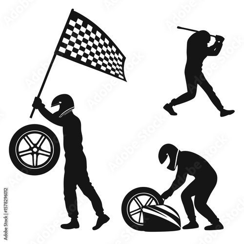 Racing drivers with checkered flag and wheels motorsport racing wheel
