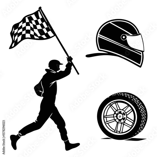 Racing flag waving checkered helmet and tire motorsport checkered flag