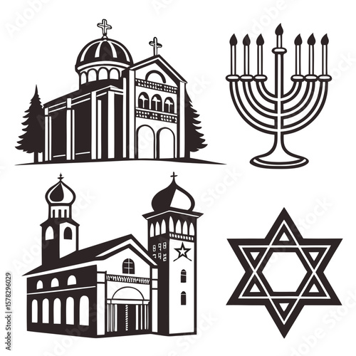 Religious buildings and symbols black and white church synagogue