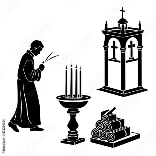Religious ritual icons including a cleric and candles religion church