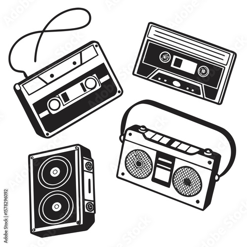 Retro cassette tapes and boombox with speakers music audio