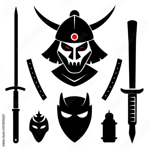 Samurai warrior helmet swords mask and accessories katana