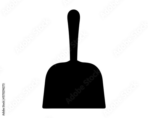 Silhouette of a black plastic dustpan with a long handle on white