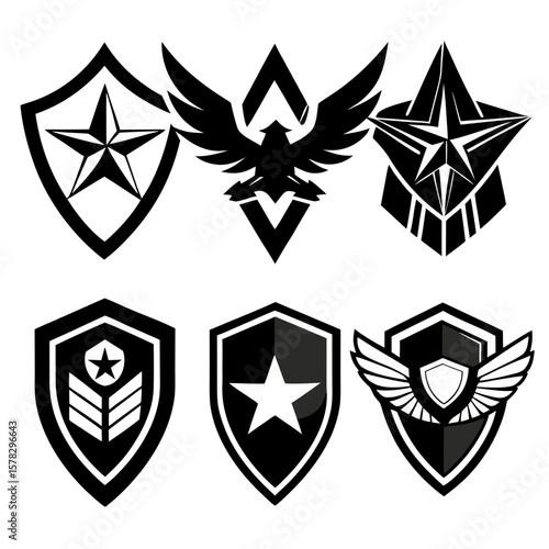 Six black and white shield emblems with stars and wings esports