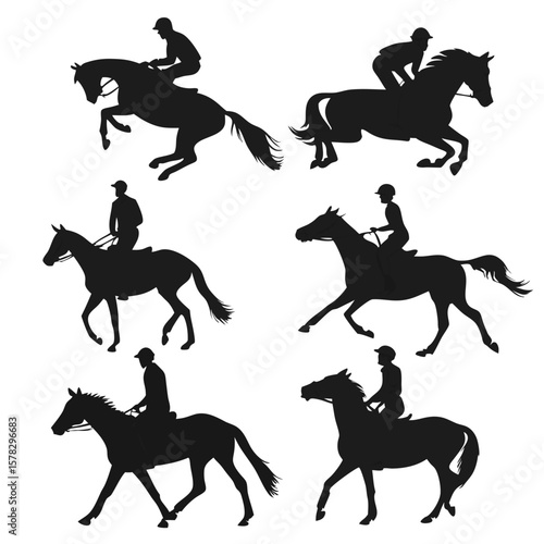 Six black horse rider silhouettes in various equestrian poses jumping