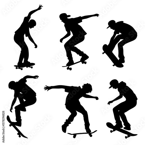 Six dynamic black silhouettes of skateboarders performing tricks skateboarding
