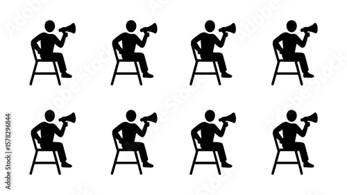 Vector art of a group of film directors with megaphones sitting on chairs isolated on white background