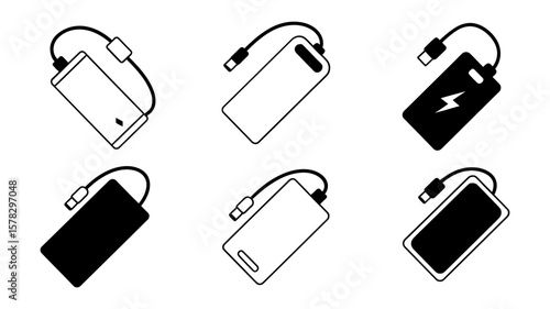 Vector art of a set of power bank icons isolated on white background, depicting portable charging solutions for electronic devices