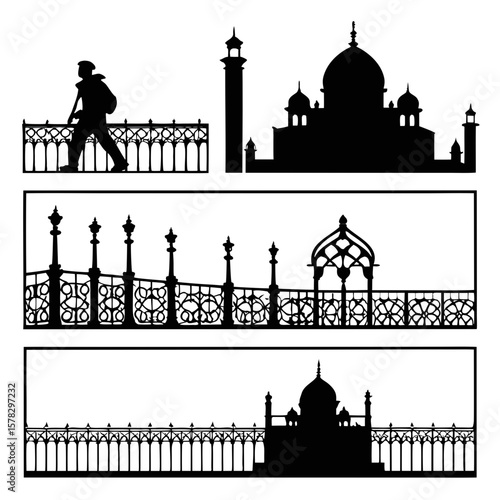 Traveler walking beside ornate railing and domed architecture silhouette backpack